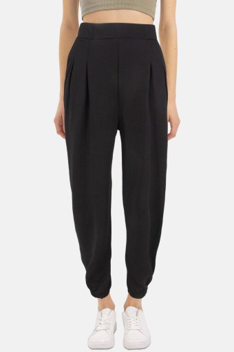 POGI - Pogi Kadın Tek Alt Pantolon Krep Paça Manşetli - Siyah