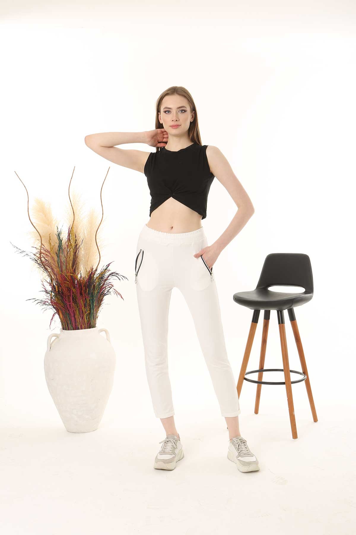 Pogi Kadın Tek Alt Pijama Uzun Klasik - Bej - Thumbnail