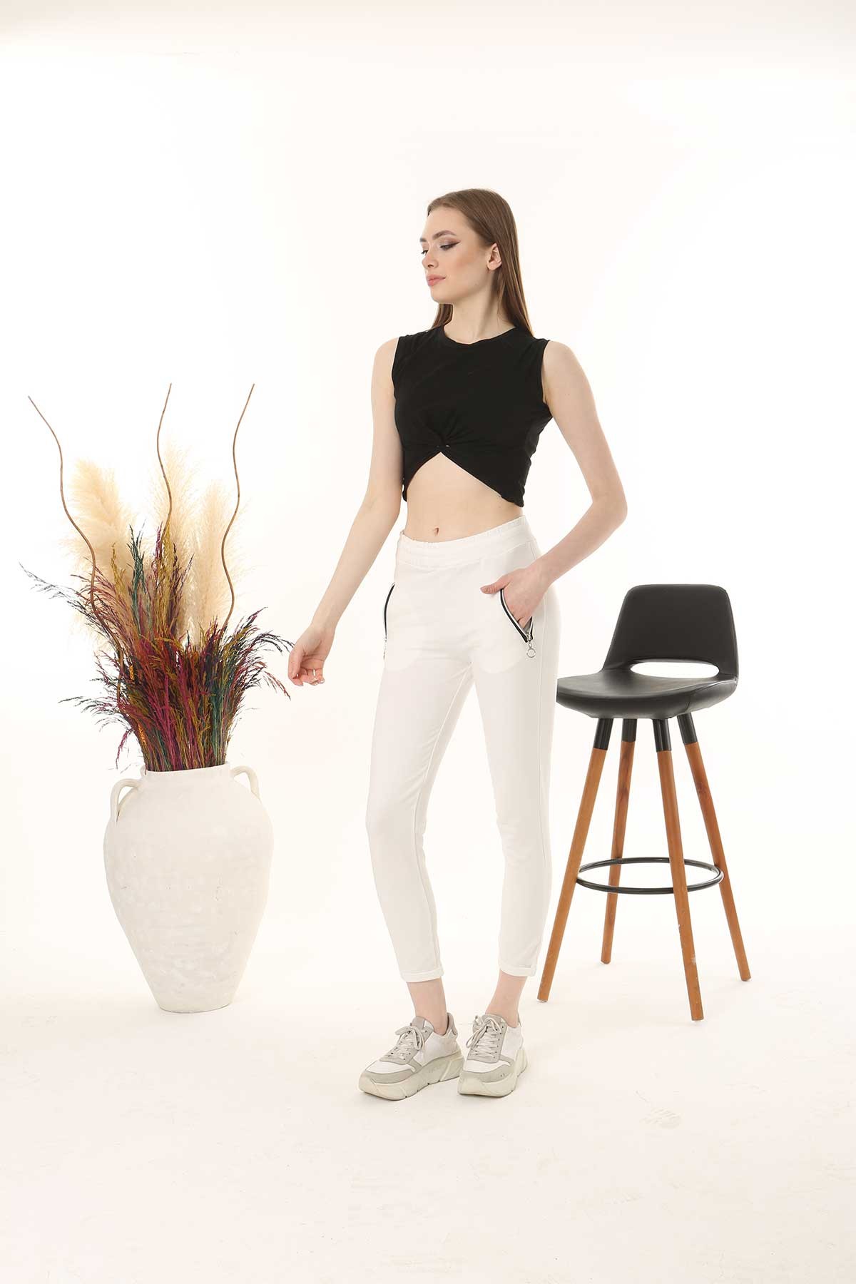 Pogi Kadın Tek Alt Pijama Uzun Klasik - Bej - Thumbnail