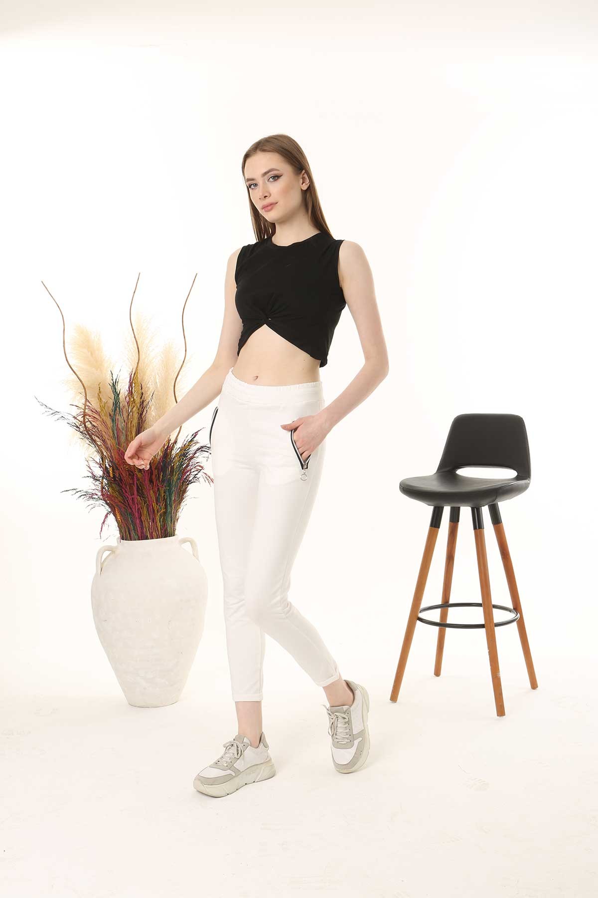 Pogi Kadın Tek Alt Pijama Uzun Klasik - Bej - Thumbnail