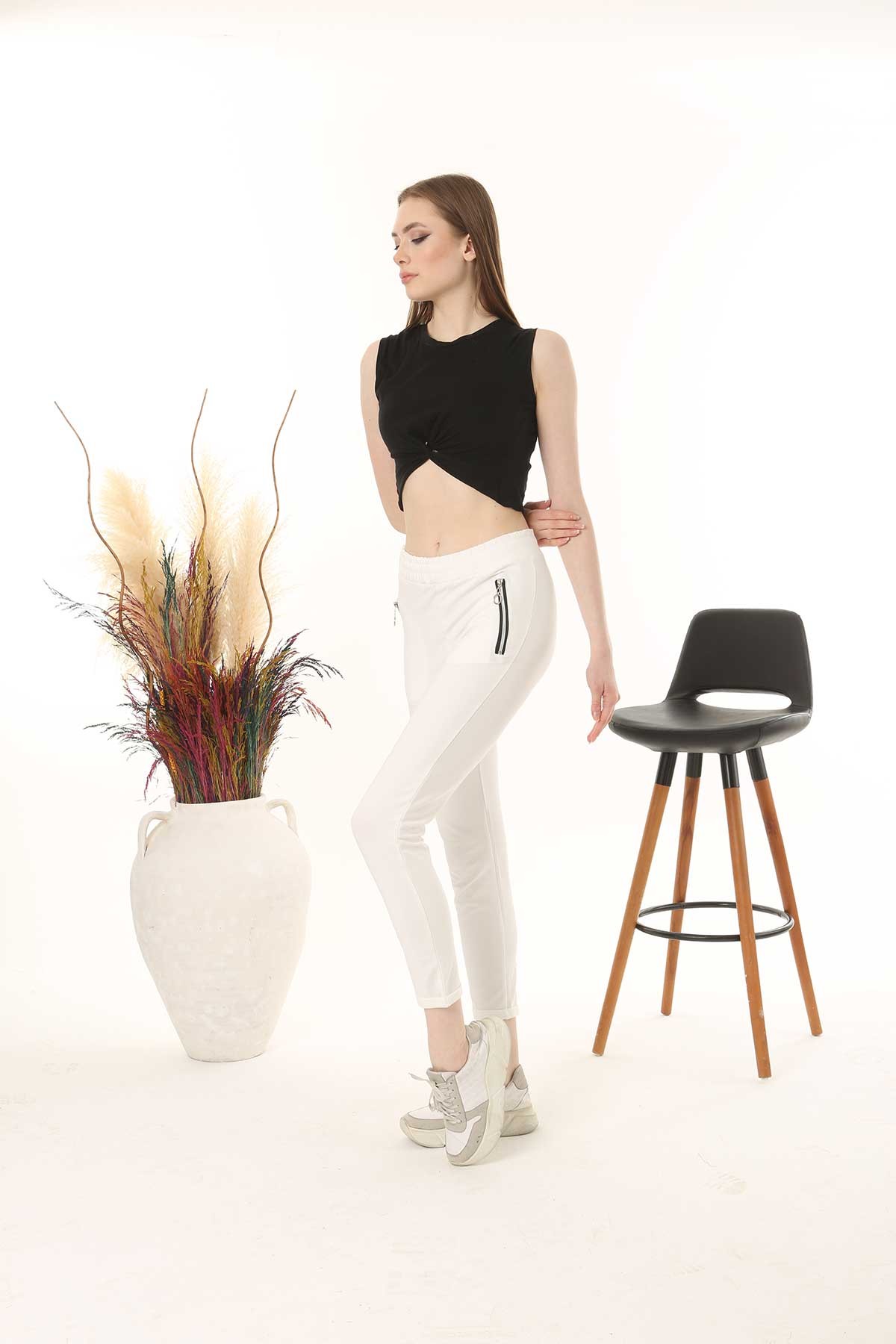 Pogi Kadın Tek Alt Pijama Uzun Klasik - Bej - Thumbnail