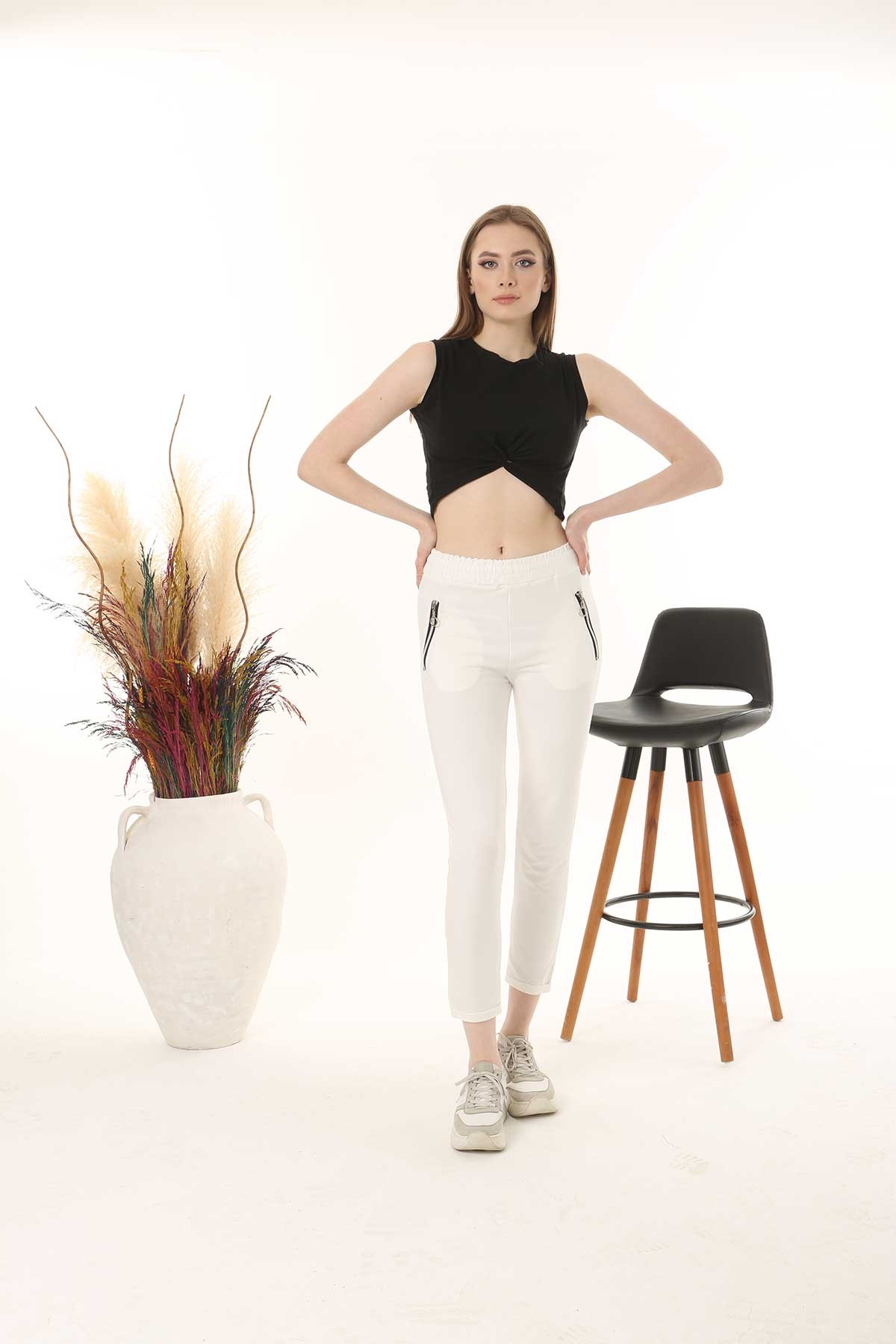 Pogi Kadın Tek Alt Pijama Uzun Klasik - Bej - Thumbnail