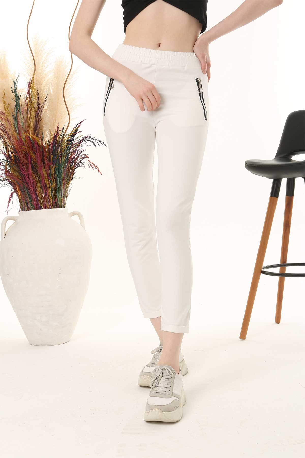 Pogi Kadın Tek Alt Pijama Uzun Klasik - Bej - Thumbnail