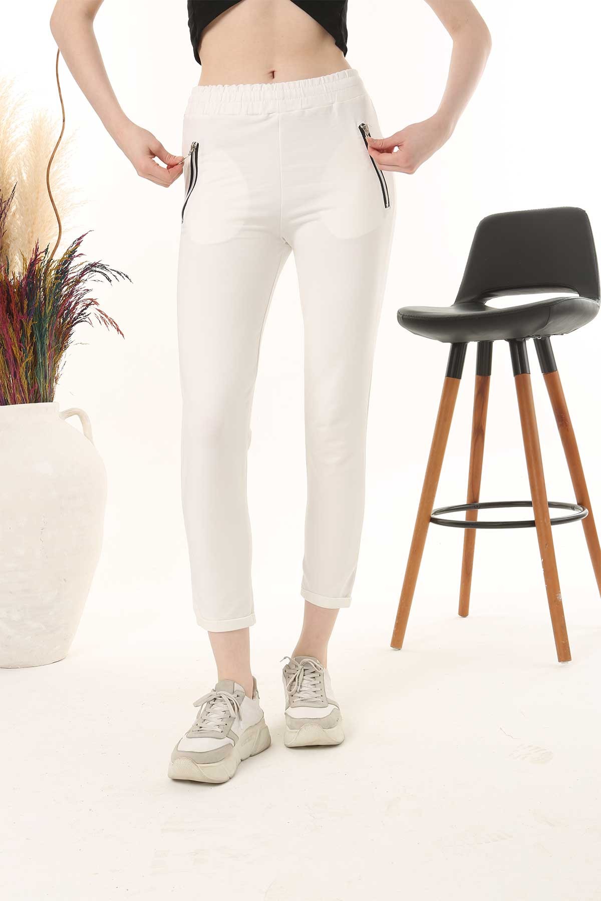 Pogi Kadın Tek Alt Pijama Uzun Klasik - Bej - Thumbnail