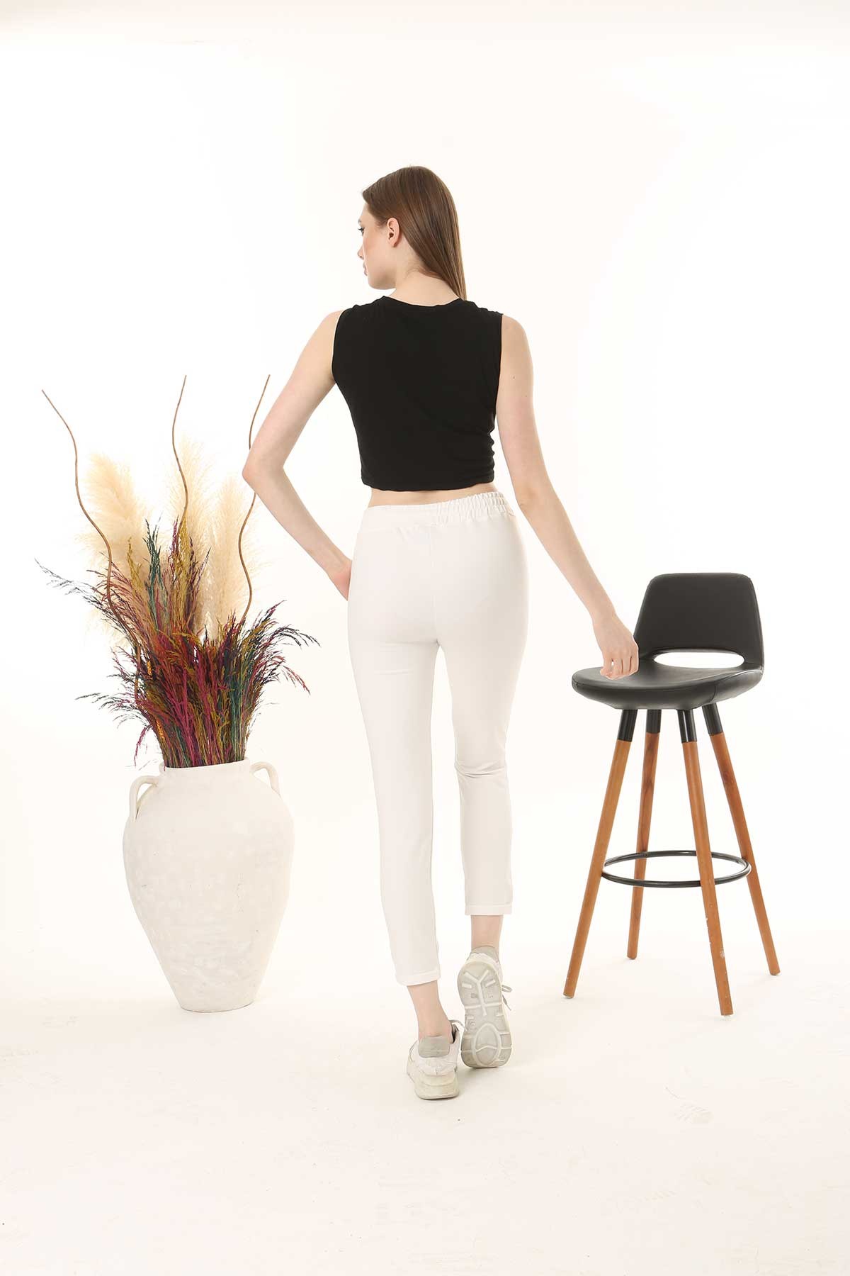 Pogi Kadın Tek Alt Pijama Uzun Klasik - Bej - Thumbnail