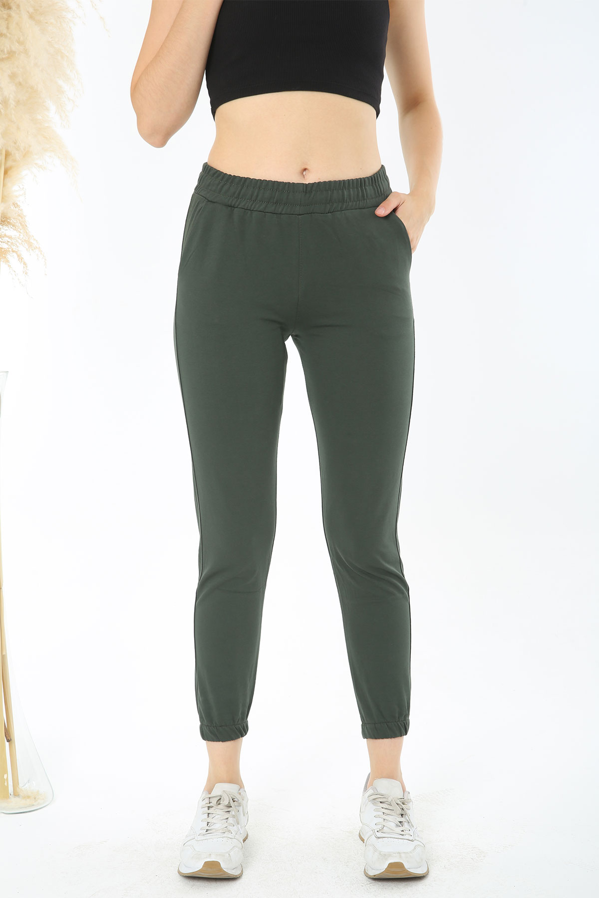 Pogi Kadın Tek Alt Pijama Uzun Klasik - Haki Yeşili - Thumbnail