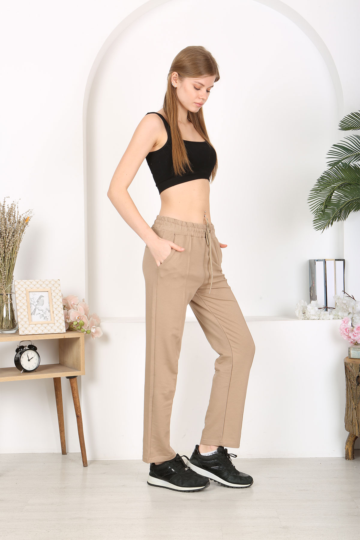 Pogi Kadın Tek Alt Uzun Eşofman - Bej - Thumbnail