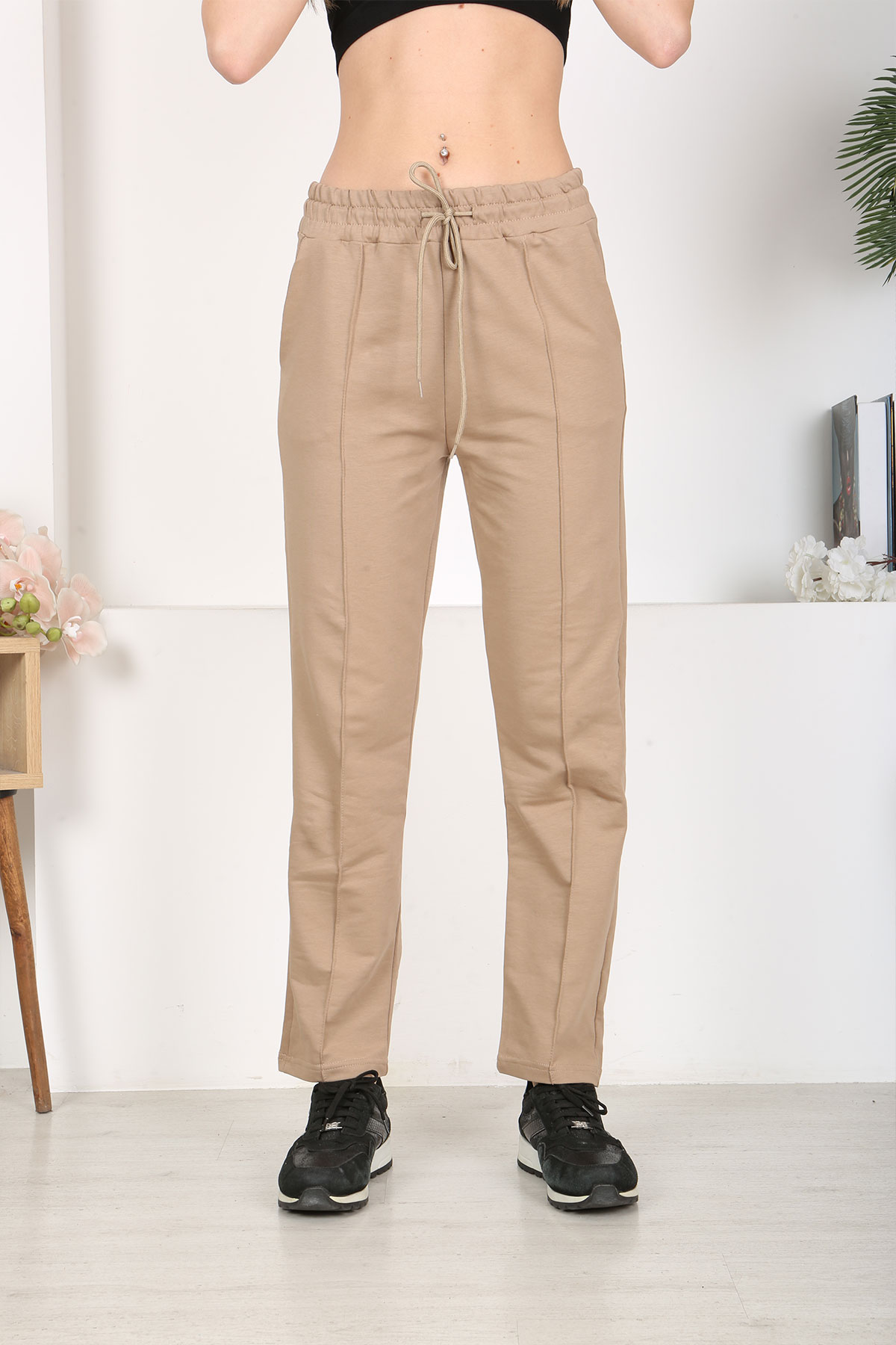 Pogi Kadın Tek Alt Uzun Eşofman - Bej - Thumbnail