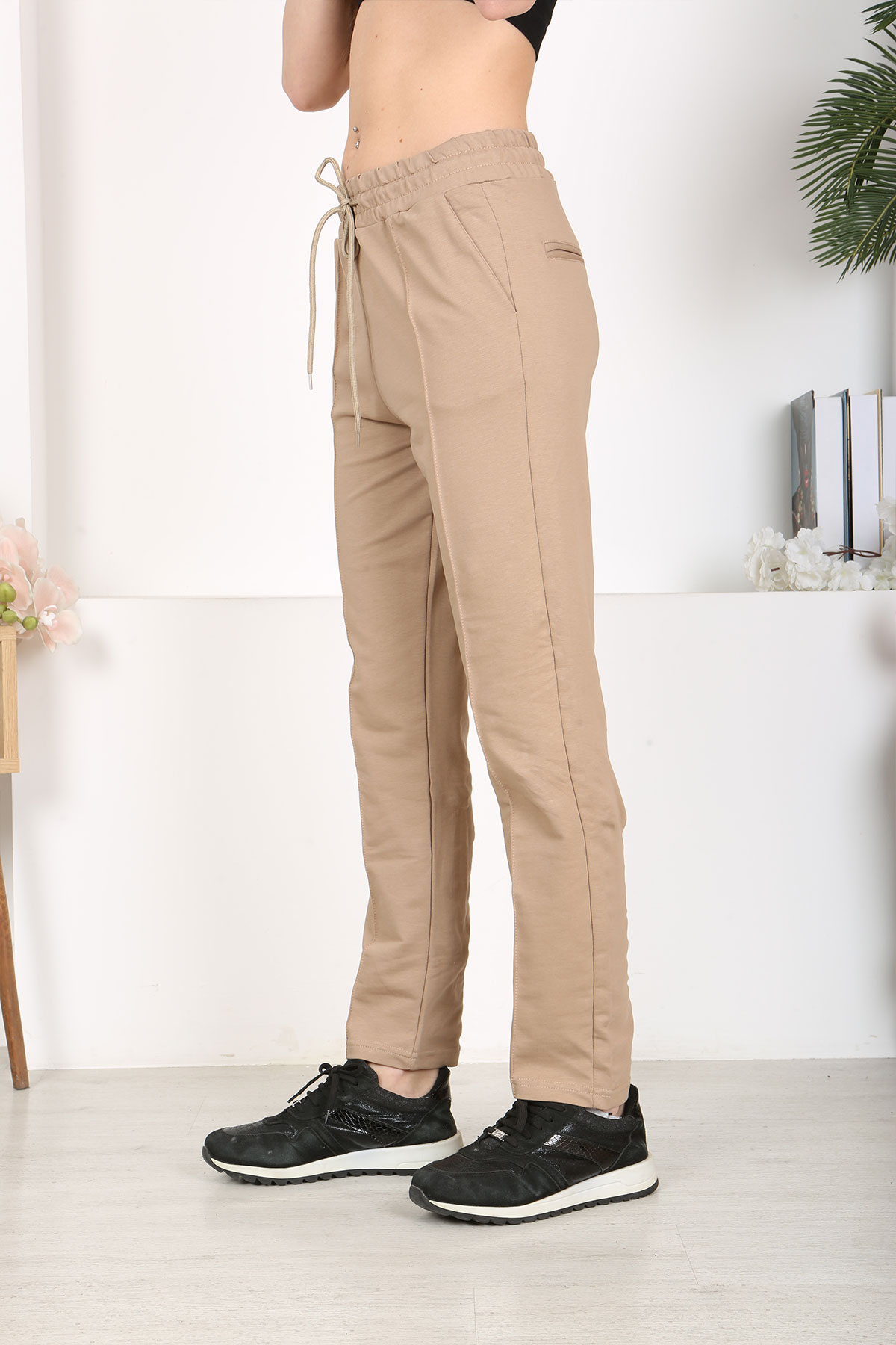 Pogi Kadın Tek Alt Uzun Eşofman - Bej - Thumbnail