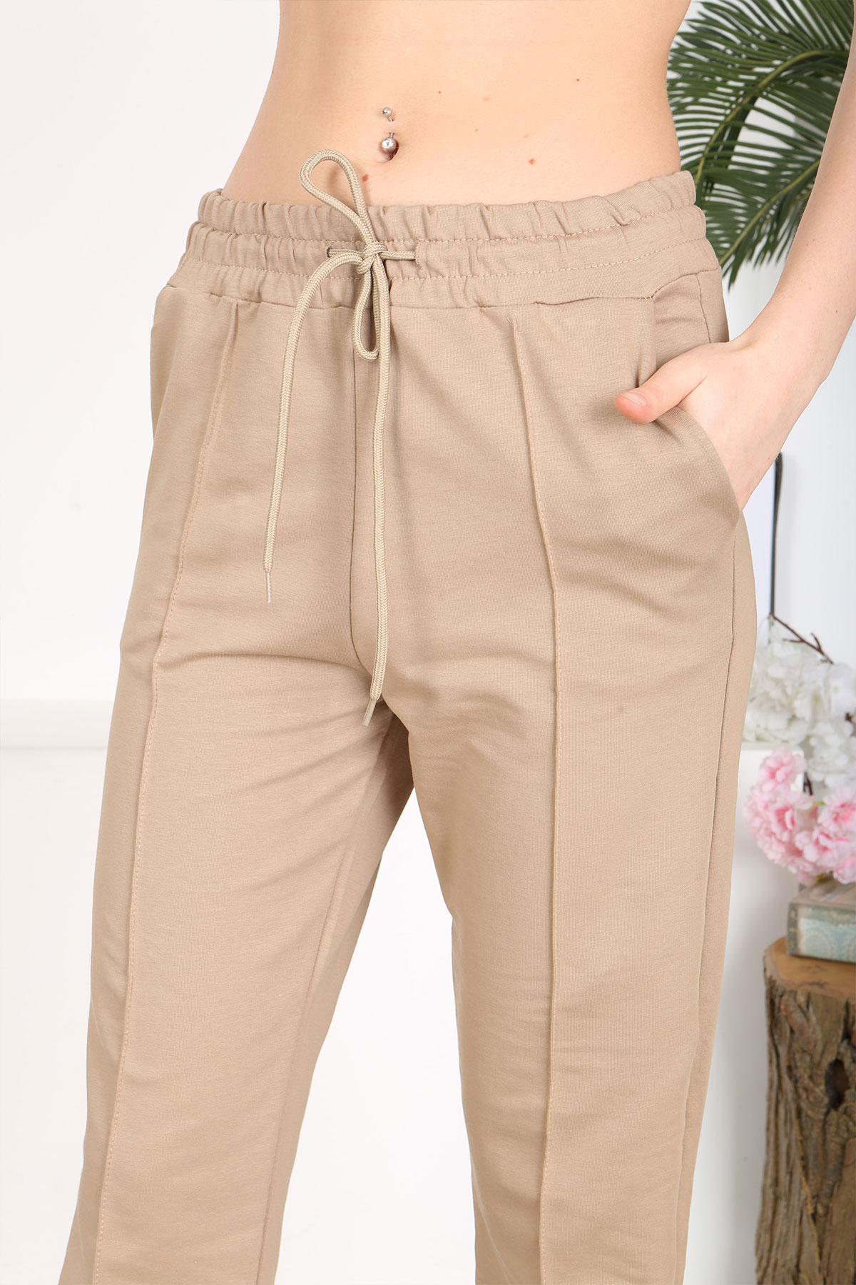 Pogi Kadın Tek Alt Uzun Eşofman - Bej - Thumbnail