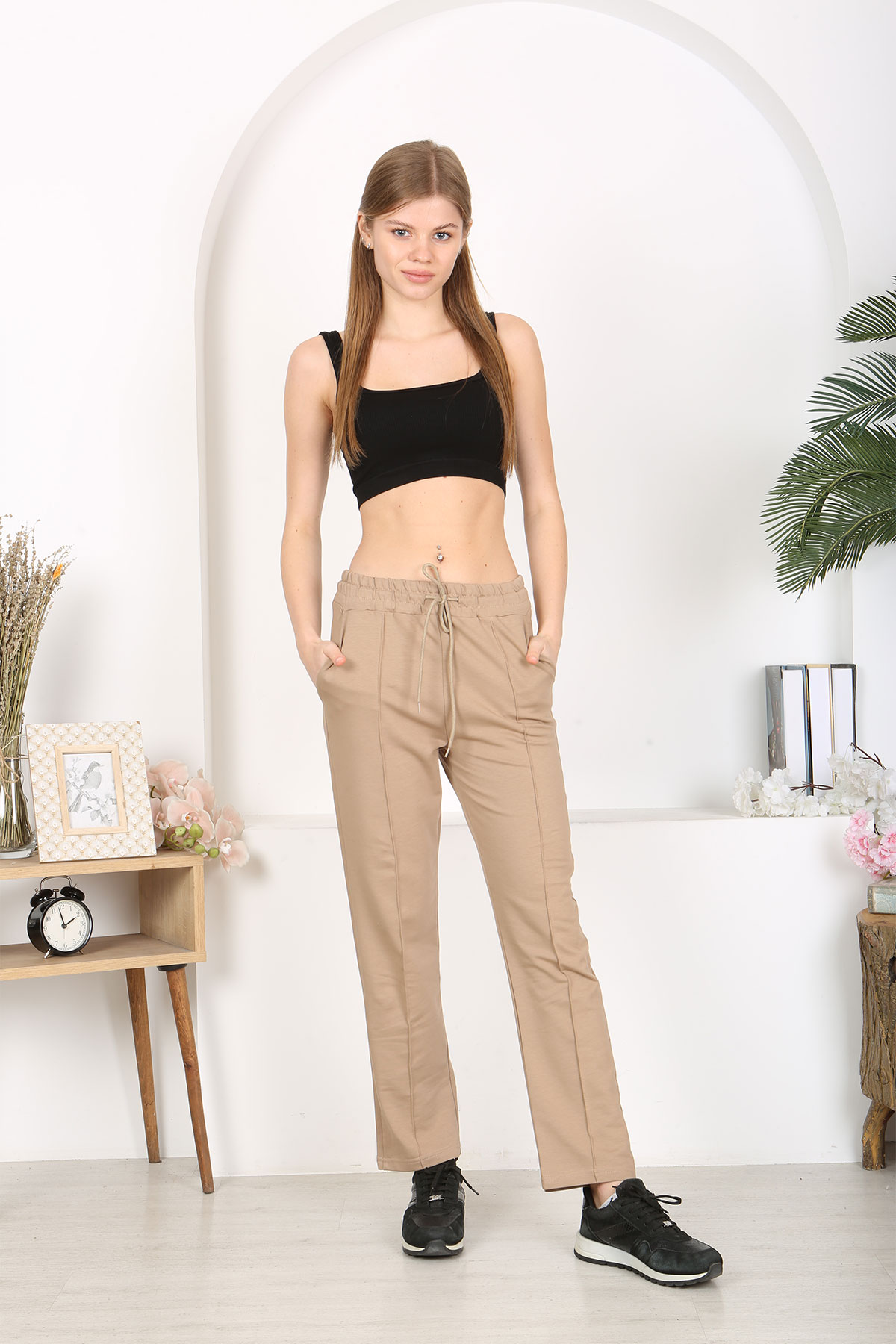 Pogi Kadın Tek Alt Uzun Eşofman - Haki Yeşili - Thumbnail