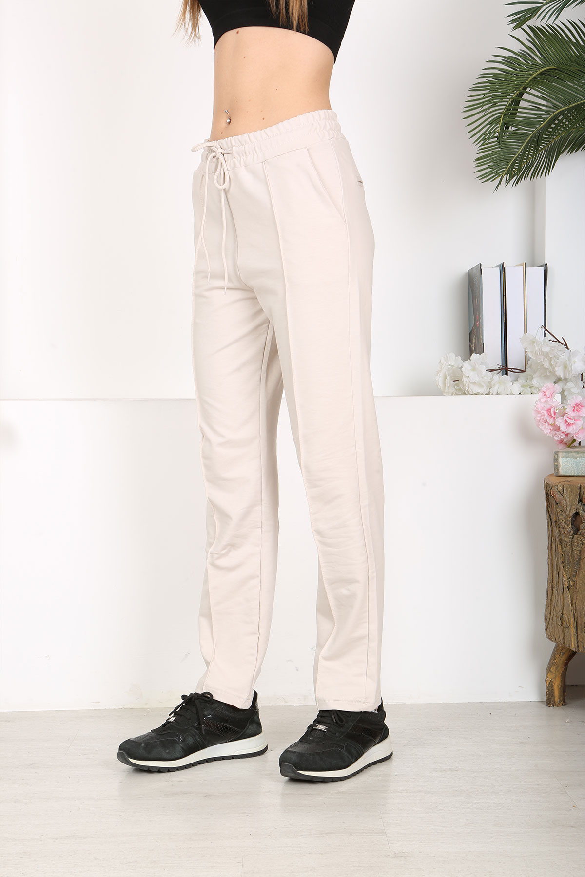 Pogi Kadın Tek Alt Uzun Eşofman - Taş - Thumbnail