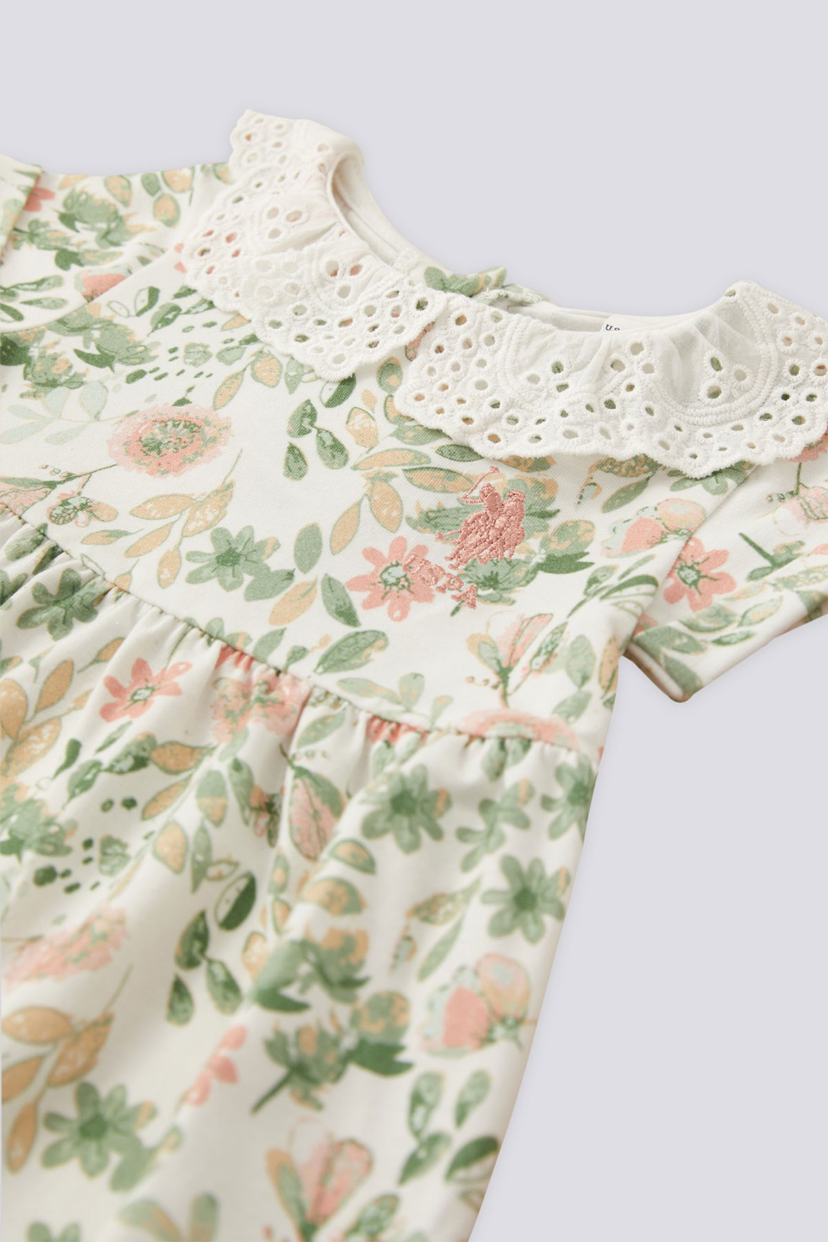 Polo Kız Bebek Elbise Takımı Çiçek Desenli - Krem - Thumbnail