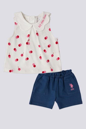 U.S POLO-YASİN TEKSTİL - Polo Kız Bebek Kısa Kol 2'li Takım Kiraz Desenli - Krem
