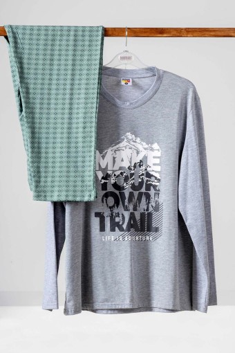 Rockhard - Rockhard Erkek Pijama Takımı Uzun Kollu Yazılı Alt Desenli Pamuklu - Gri