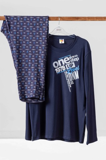 Rockhard - Rockhard Erkek Pijama Takımı Uzun Kollu Yazılı Alt Desenli Pamuklu - Lacivert