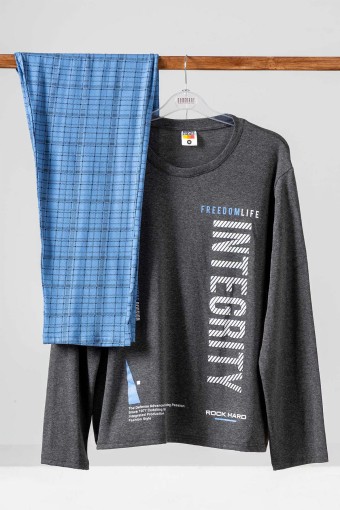 Rockhard - Rockhard Erkek Pijama Takımı Uzun Kollu Yazılı Alt Ekoseli Pamuklu - Gri