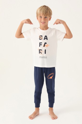 ROLY POLY - Roly Poly Erkek Çocuk Pijama Takımı Kısa Kollu Bisiklet Yaka Süprem - Krem