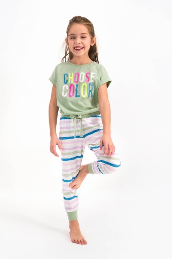 ROLY POLY - Roly Poly Kız Çocuk Pijama Takımı Kısa Kol Choose Clour Desenli - V1 Süprem Kumaş - Açık Yeşil (1)