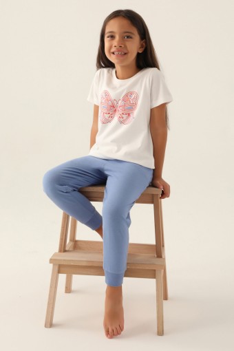 ROLY POLY - Roly Poly Kız Çocuk Pijama Takımı Kısa Kollu Bisiklet Yaka Süprem - Krem