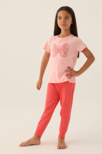 ROLY POLY - Roly Poly Kız Çocuk Pijama Takımı Kısa Kollu Bisiklet Yaka Süprem - Somon