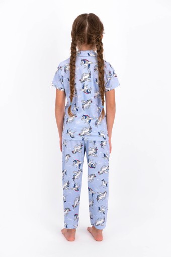 ROLY POLY - Roly Poly Kız Garson Pijama Takımı Kısa Kol Unicorn Baskı - V2 Süprem Kumaş - Açık Mavi (1)