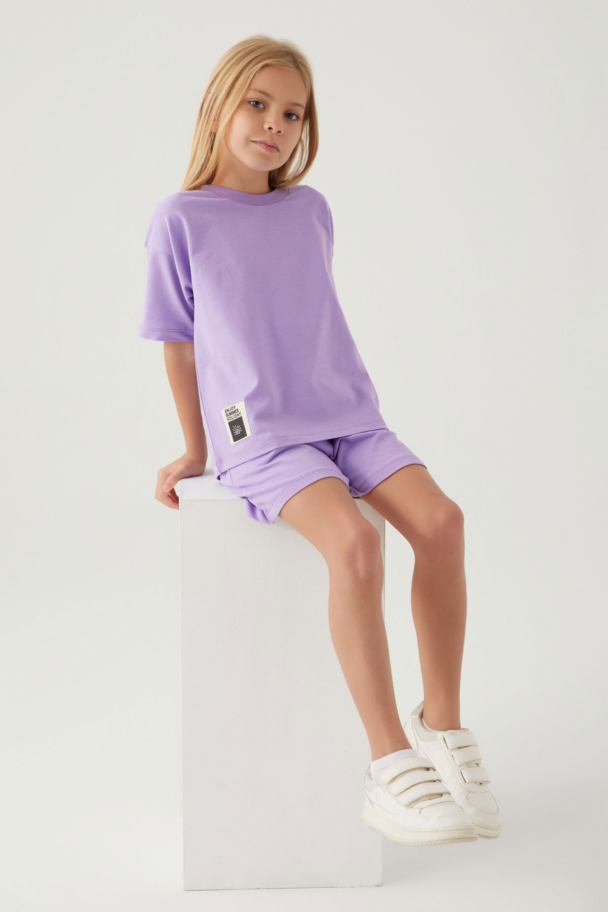 Roly Poly Kız Garson Şortlu Takım Kısa Kollu Pamuklu - Lila - Thumbnail