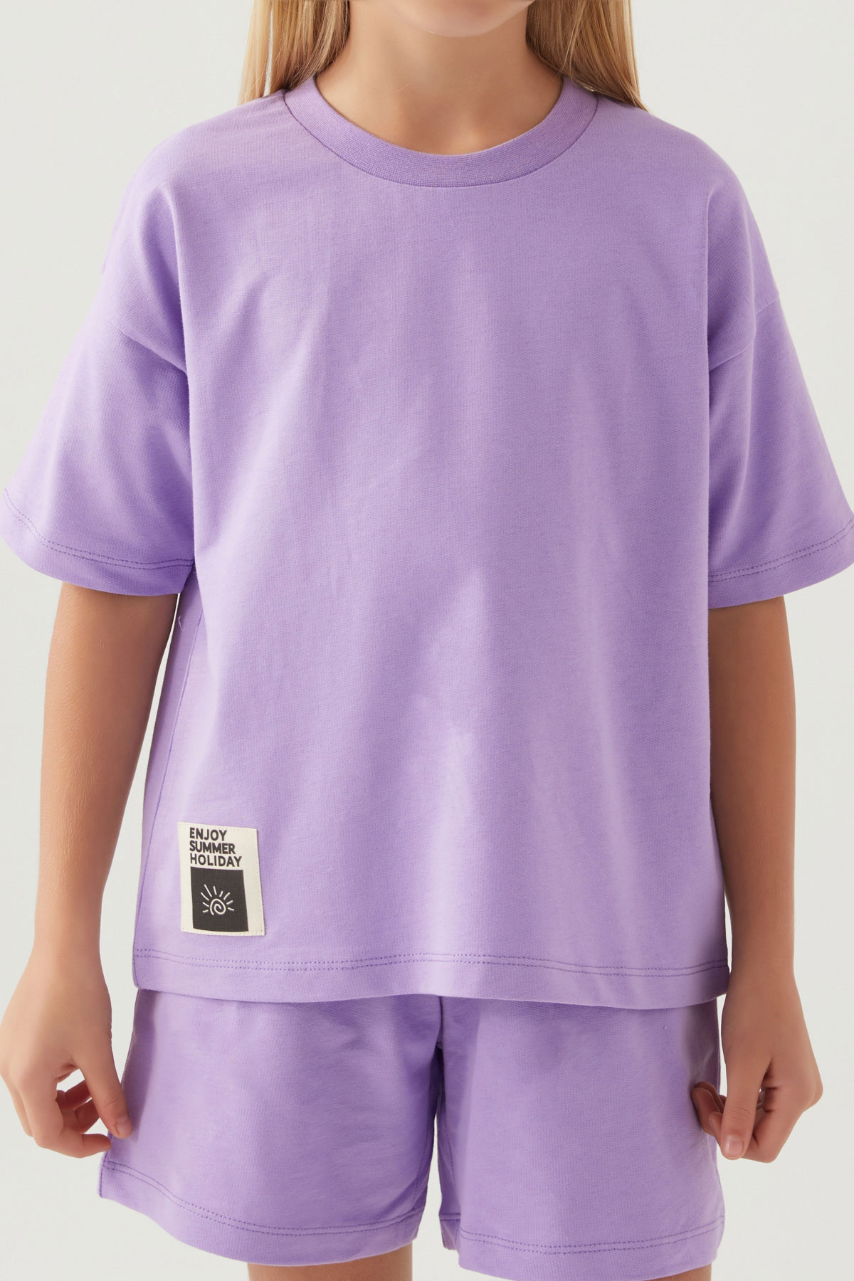 Roly Poly Kız Garson Şortlu Takım Kısa Kollu Pamuklu - Lila - Thumbnail
