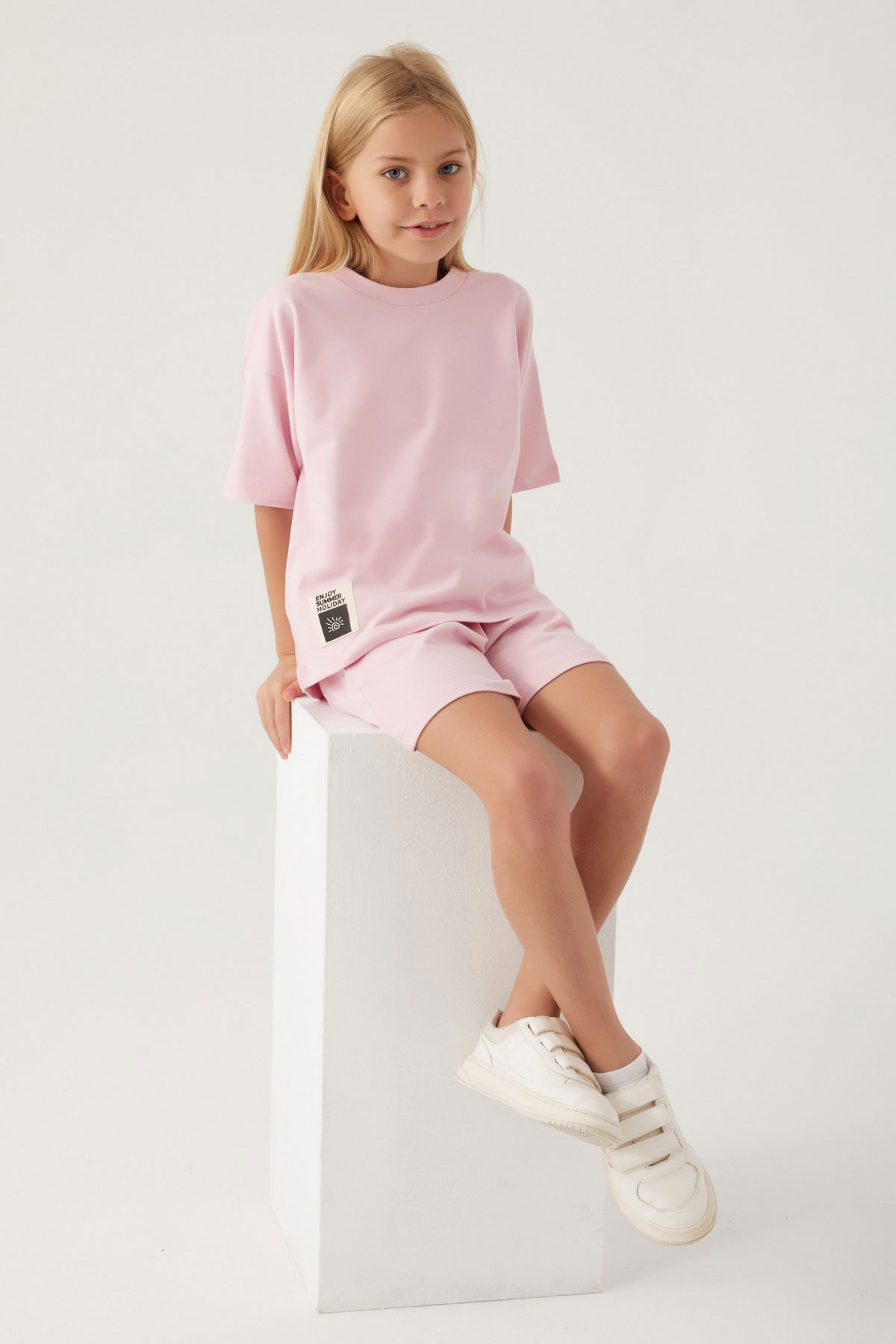 Roly Poly Kız Garson Şortlu Takım Kısa Kollu Pamuklu - Toz Pembe - Thumbnail