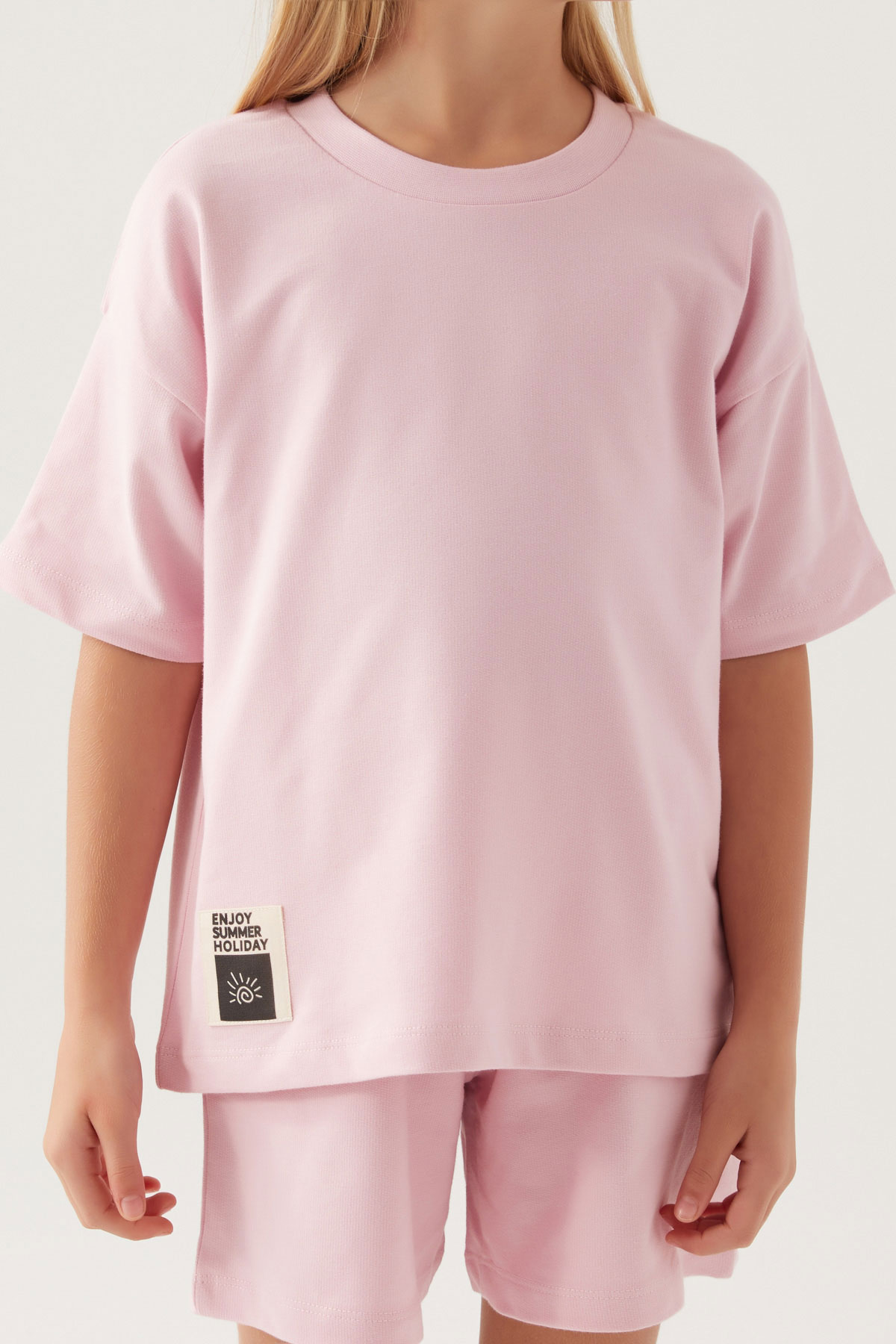 Roly Poly Kız Garson Şortlu Takım Kısa Kollu Pamuklu - Toz Pembe - Thumbnail