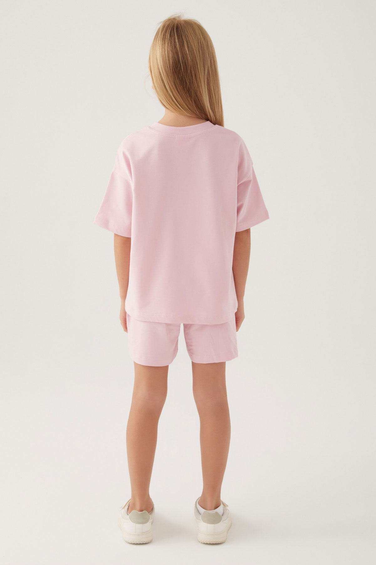 Roly Poly Kız Garson Şortlu Takım Kısa Kollu Pamuklu - Toz Pembe - Thumbnail