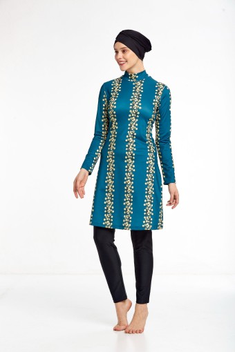 ROZAMAY - Rozamay Kadın 2 li Tesettür Mayo Sarı Çiçek Desenli - Siyah