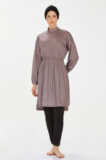 ROZAMAY - Rozamay Kadın Arela Tam Kapalı Tesettür Mayo - Vizon