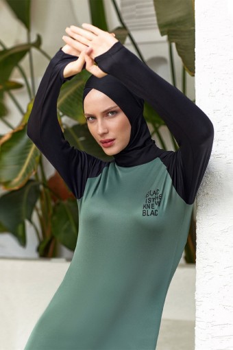 ROZAMAY - Rozamay Kadın Demi Tam Tesettür Mayo Parmak Geçme Detaylı - Çam Yeşili