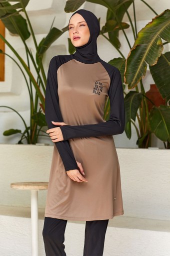 ROZAMAY - Rozamay Kadın Demi Tam Tesettür Mayo Parmak Geçme Detaylı - Kahve