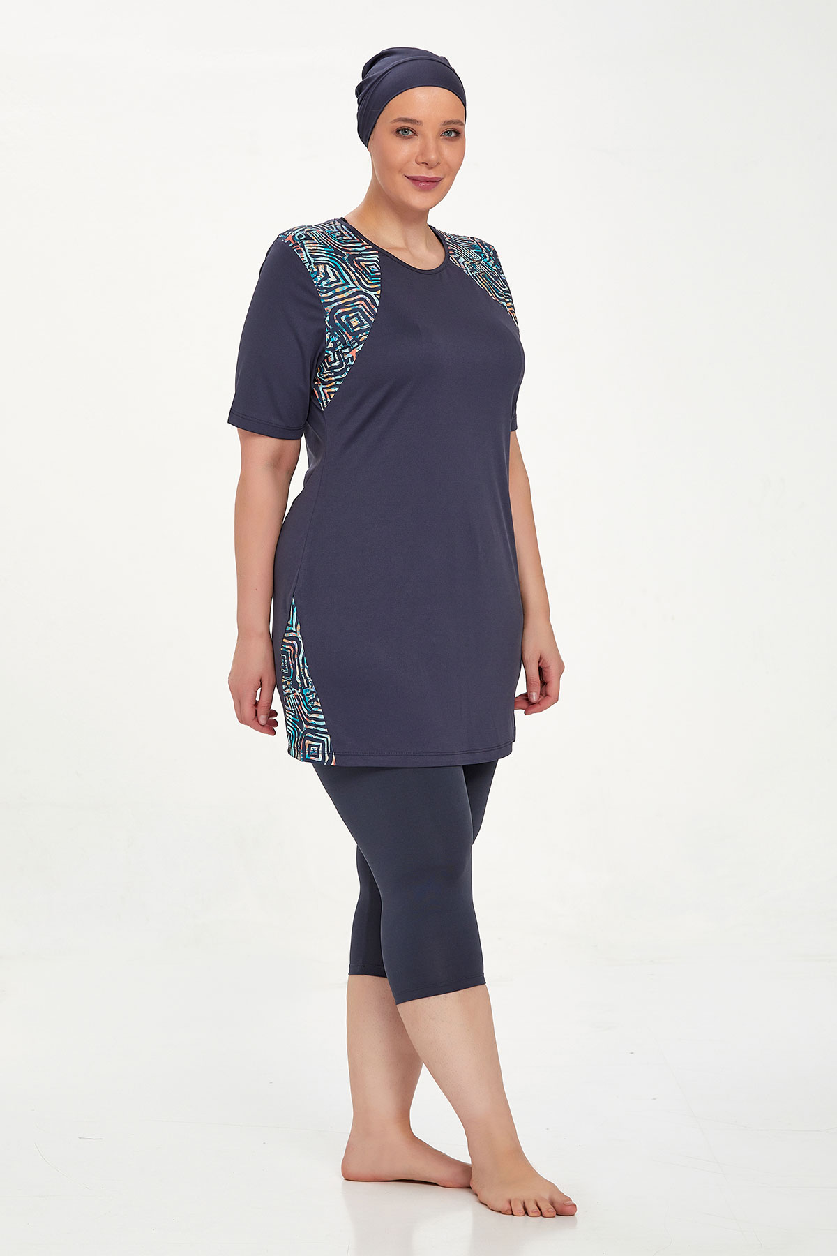 Rozamay Kadın Doris Yarı Kapalı Tesettür Mayo Büyük Beden - Antrasit - Thumbnail