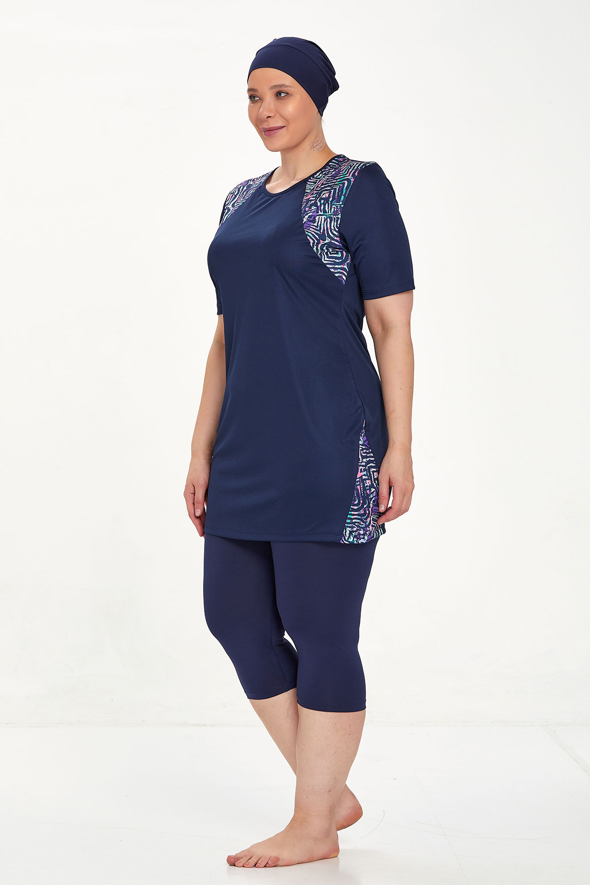 Rozamay Kadın Doris Yarı Kapalı Tesettür Mayo Büyük Beden - Koyu Lacivert - Thumbnail