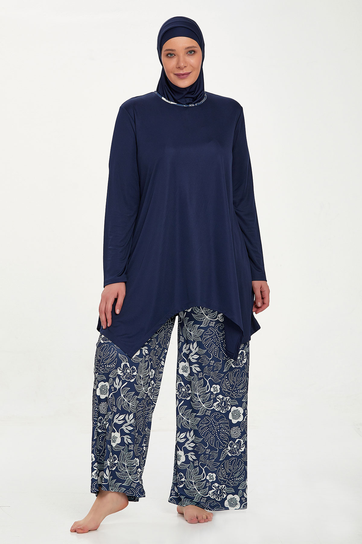 Rozamay Kadın Dorothy Tam Kapalı Tesettür Mayo Büyük Beden İspanyol Paçalı - Koyu Lacivert - Thumbnail