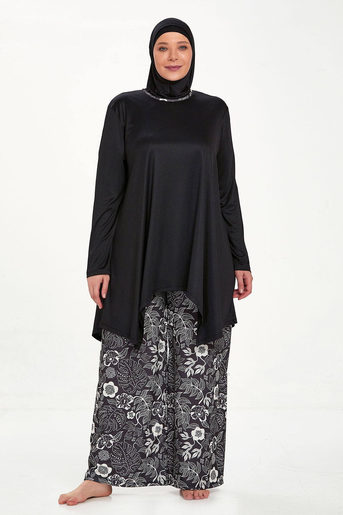 Rozamay Kadın Dorothy Tam Kapalı Tesettür Mayo Büyük Beden İspanyol Paçalı - Siyah - Thumbnail