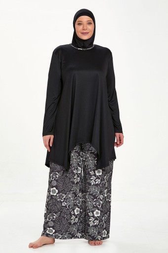 ROZAMAY - Rozamay Kadın Dorothy Tam Kapalı Tesettür Mayo Büyük Beden İspanyol Paçalı - Siyah