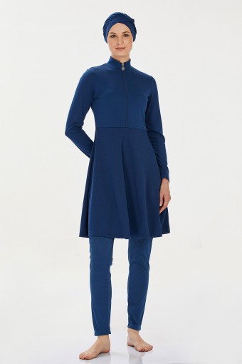 ROZAMAY - Rozamay Kadın Maysız Düz Tam Kapalı Tesettür Mayo Önde Fermuarlı - Açık Lacivert