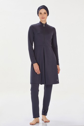 ROZAMAY - Rozamay Kadın Maysız Düz Tam Kapalı Tesettür Mayo Önde Fermuarlı - Antrasit
