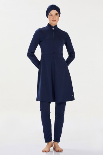 ROZAMAY - Rozamay Kadın Maysız Düz Tam Kapalı Tesettür Mayo Önde Fermuarlı - Koyu Lacivert