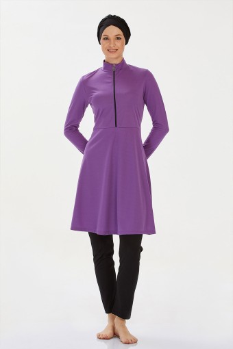 ROZAMAY - Rozamay Kadın Maysız Düz Tam Kapalı Tesettür Mayo Önde Fermuarlı - Mor