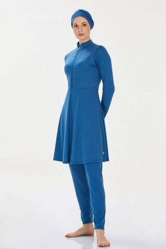ROZAMAY - Rozamay Kadın Maysız Düz Tam Kapalı Tesettür Mayo Önde Fermuarlı - Petrol