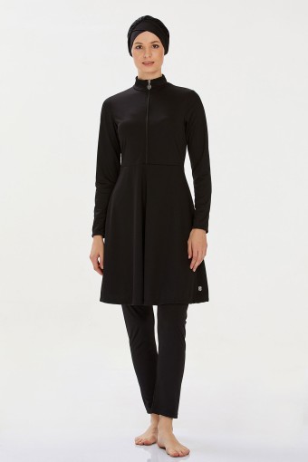 ROZAMAY - Rozamay Kadın Maysız Düz Tam Kapalı Tesettür Mayo Önde Fermuarlı - Siyah