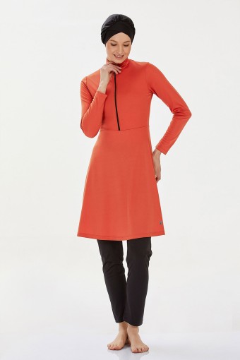 ROZAMAY - Rozamay Kadın Maysız Düz Tam Kapalı Tesettür Mayo Önde Fermuarlı - Tarçın