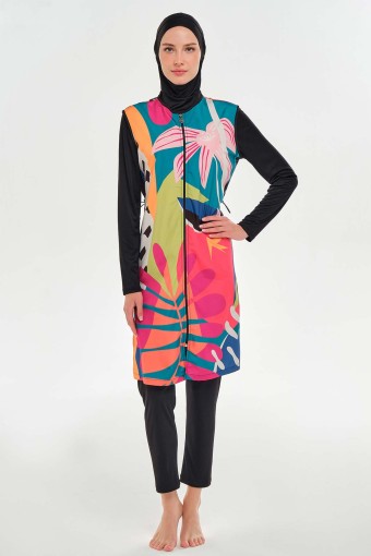 ROZAMAY - Rozamay Kadın Myla Tam Tesettür Mayo Tam Boy Fermuarlı - Siyah