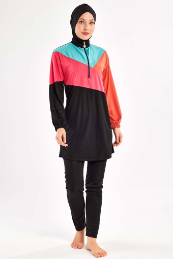 ROZAMAY - Rozamay Kadın Perla Tam Tesettür Mayo Fermuar Detaylı - Siyah