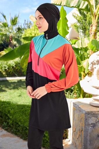 ROZAMAY - Rozamay Kadın Perla Tam Tesettür Mayo Fermuar Detaylı - Siyah (1)